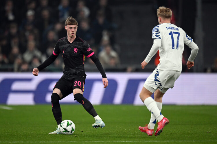 COPENHAGEN, DENMARK - MARCH 06: Cole Palmer of Chelsea FC and Victor Froholdt of F.C. Copenhagen contest the ball during the UEFA Conference League...