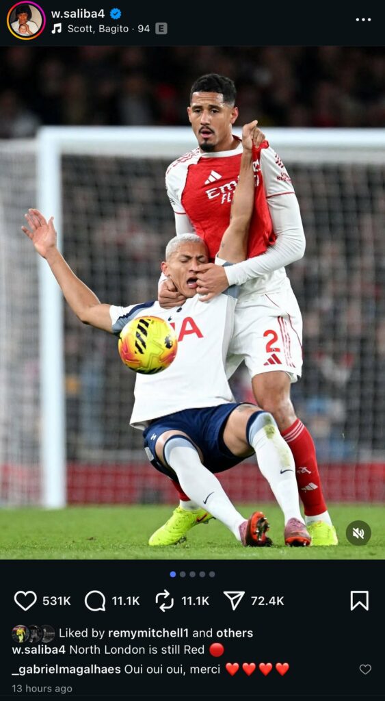 Arsenal's Gabriel takes revenge on Richarlison with social media posts 4 Gabriel Magalhaes comments on William Saliba's post on Instagram