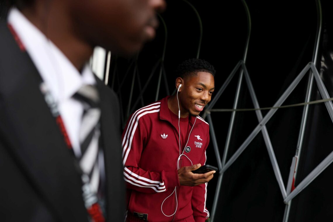 LONDON, ENGLAND - OCTOBER 18: Myles Lewis-Skelly of Arsenal arrives prior to the Premier League match between Fulham and Arsenal at Craven Cottage ...