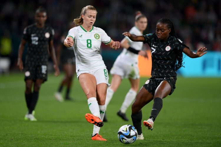 BRISBANE, AUSTRALIA: Ruesha Littlejohn of Republic of Ireland passes the ball from Antionette Payne of Nigeria during the FIFA Women's World Cup Au...