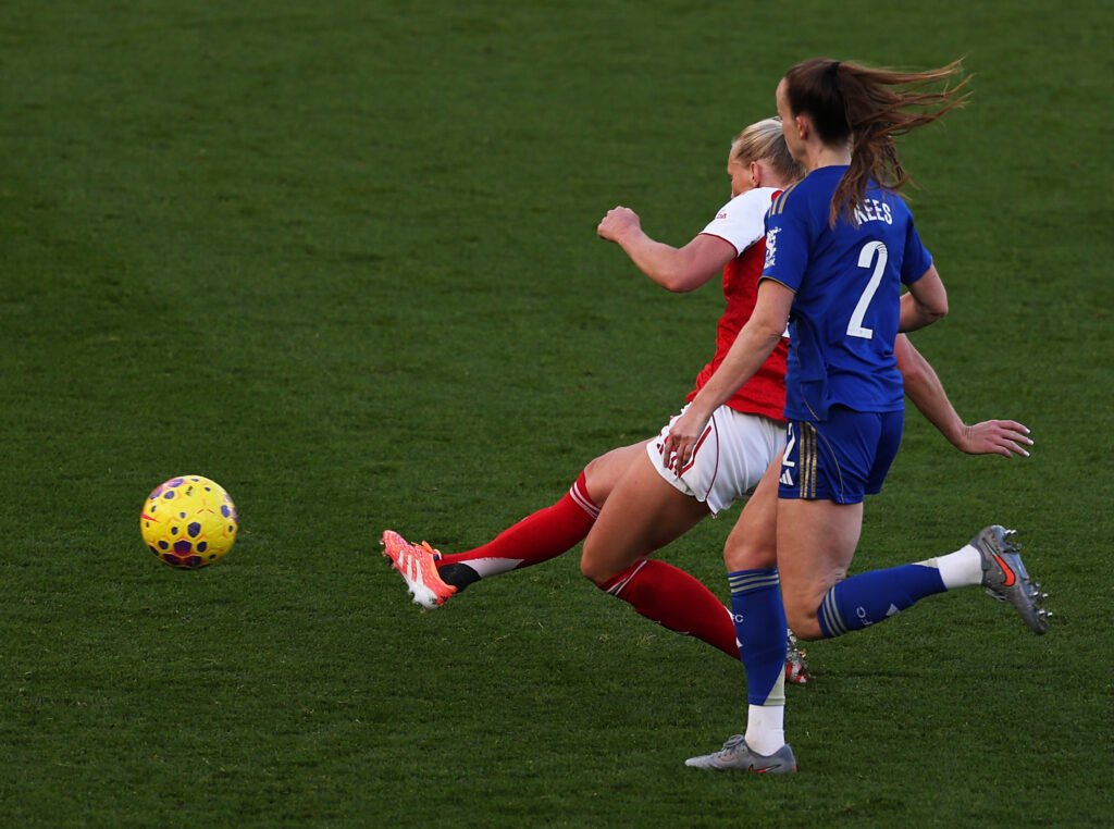 LEICESTER, ENGLAND - NOVEMBER 02: Stina Blackstenius of Arsenal scores her team's third goal during the Barclays Women's Super League match between Leicester City and Arsenal at The King Power Stadium on November 02, 2025 in Leicester, England. (Photo by Michael Regan/Getty Images)