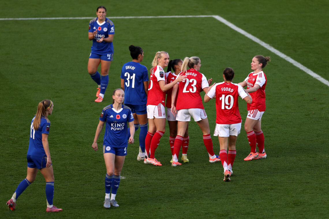 LEICESTER, ENGLAND - NOVEMBER 02: Alessia Russo of Arsenal celebrates scoring her team's first goal with teammates during the Barclays Women's Supe...