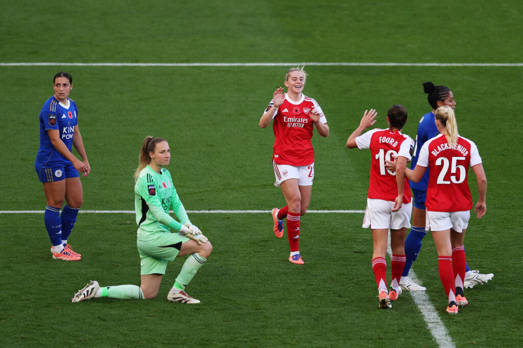LEICESTER, ENGLAND - NOVEMBER 02: Alessia Russo of Arsenal celebrates her team's second goal, an own goal scored by Sari Kees (not pictured) of Leicester City during the Barclays Women's Super League match between Leicester City and Arsenal at The King Power Stadium on November 02, 2025 in Leicester, England. (Photo by Michael Regan/Getty Images)