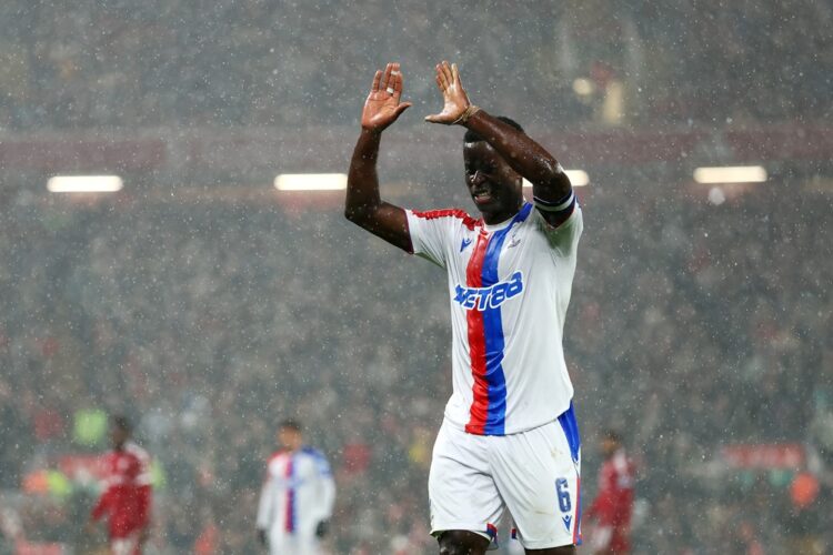 LIVERPOOL, ENGLAND: Marc Guehi of Crystal Palace reacts during the Carabao Cup Fourth Round match between Liverpool and Crystal Palace at Anfield o...
