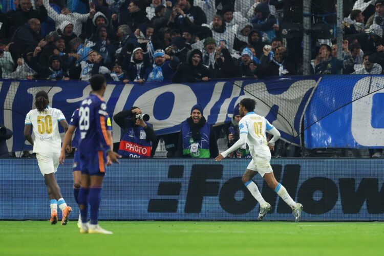 MARSEILLE, FRANCE: Pierre-Emerick Aubameyang of Olympique de Marseille celebrates scoring his team's second goal during the UEFA Champions League 2...