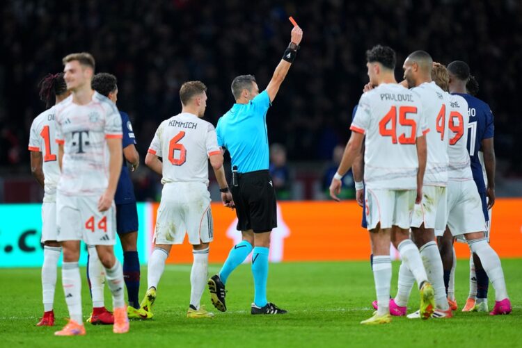 PARIS, FRANCE: Referee, Maurizio Mariani, shows a red card to Luis Diaz (obscured) during the UEFA Champions League 2025/26 League Phase MD4 match ...