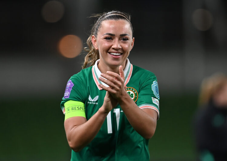 DUBLIN, IRELAND - OCTOBER 24: Katie McCabe of Republic of Ireland applauds the fans following the team's victory during the UEFA Women's Nations Le...