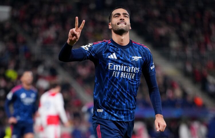 PRAGUE, CZECH REPUBLIC: Mikel Merino of Arsenal celebrates scoring his team's third goal during the UEFA Champions League 2025/26 League Phase MD4 ...