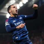 PRAGUE, CZECH REPUBLIC: Mikel Merino of Arsenal celebrates scoring his team's second goal during the UEFA Champions League 2025/26 League Phase MD4 match between SK Slavia Praha and Arsenal FC at Eden Arena on November 04, 2025. (Photo by Gabriel Kuchta/Getty Images)
