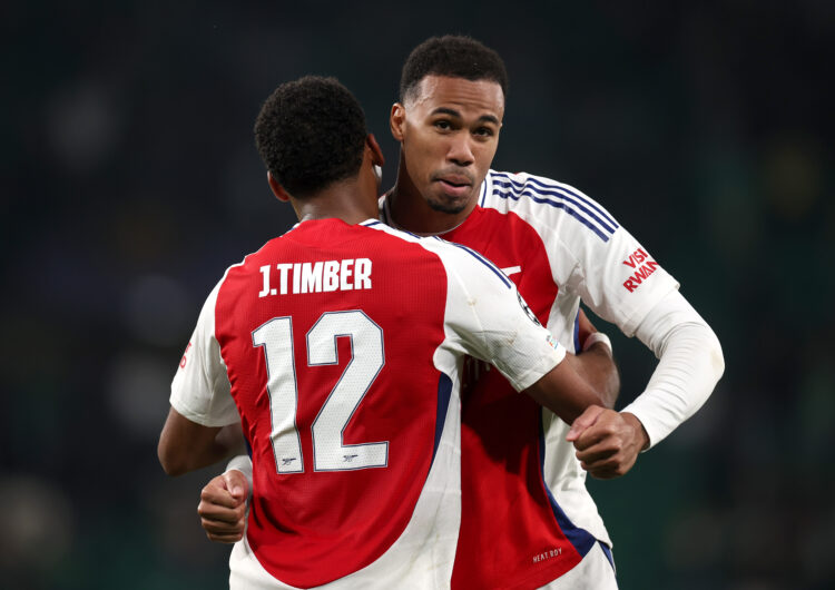 LISBON, PORTUGAL - NOVEMBER 26: Gabriel of Arsenal celebrates victory with teammate Jurrien Timber after the UEFA Champions League 2024/25 League P...