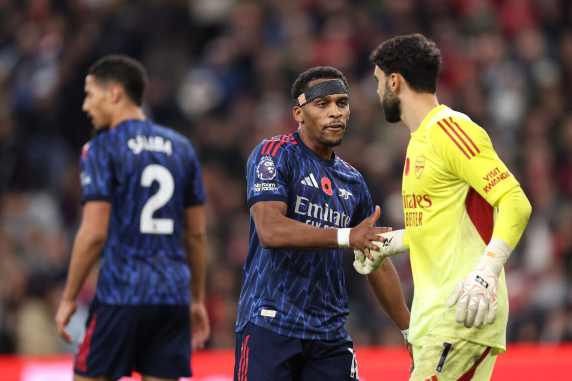 Arsenal defender is toughest to beat in the Premier League 1 SUNDERLAND, ENGLAND - NOVEMBER 08: Jurrien Timber of Arsenal shakes hands with teammate David Raya after making a save during the Premier League ma...