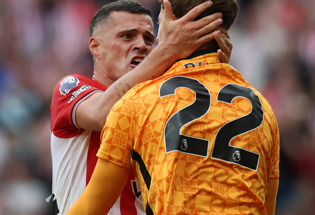 Arteta challenges Arsenal ahead of Sunderland 4 SUNDERLAND, ENGLAND - AUGUST 30: Granit Xhaka of Sunderland celebrates with team mate Robin Roefs after the team's victory in the Premier League match between Sunderland and Brentford at Stadium of Light on August 30, 2025 in Sunderland, England. (Photo by Ian MacNicol/Getty Images)