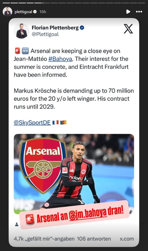 Arsenal hold concrete interest in £61m-rated winger 3 Plettenberg on Bahoya