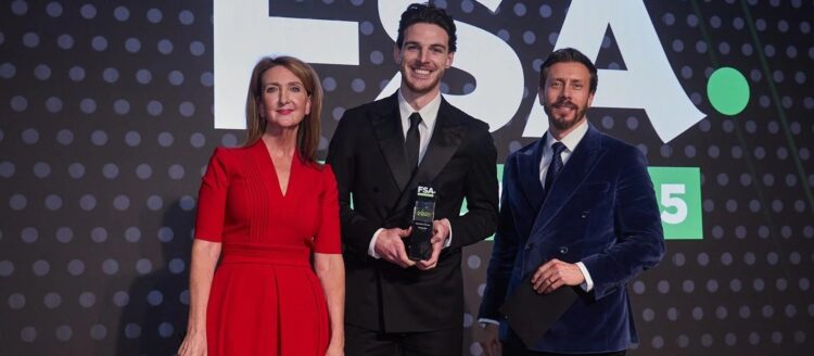 Declan Rice winning the FSA Player of the Year award (Photo via TheFSA.org.uk)