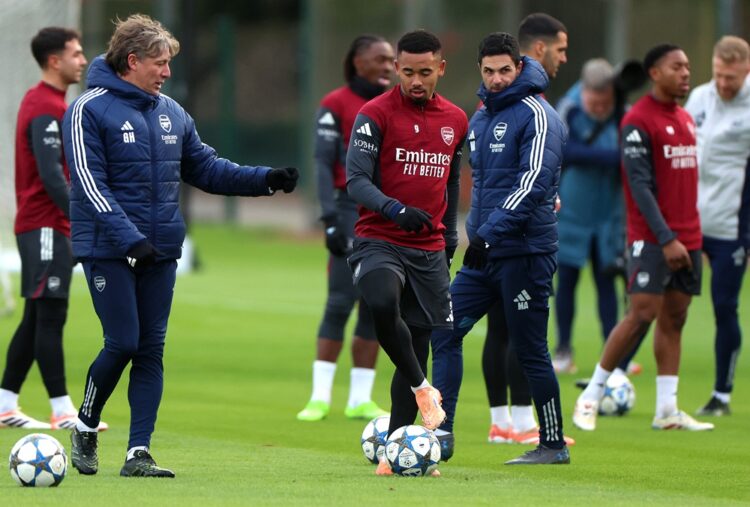 LONDON COLNEY, ENGLAND: Gabriel Jesus of Arsenal controls the ball during an Arsenal training session ahead of the UEFA Champions League 2025/26 Le...