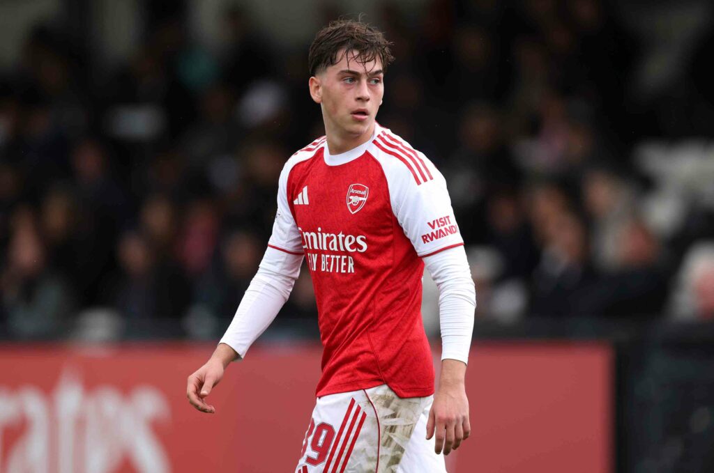BOREHAMWOOD, ENGLAND - OCTOBER 21: Harrison Dudziak of Arsenal during the UEFA Youth League 2025/26 between Arsenal FC and Atletico de Madrid at Meadow Park on October 21, 2025 in Borehamwood, England. (Photo by Alex Pantling/Getty Images)