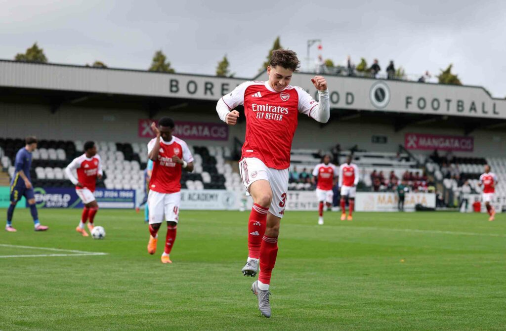 BOREHAMWOOD, ENGLAND - OCTOBER 21: Harrison Dudziak of Arsenal celebrates scoring his sides first goal during the UEFA Youth League 2025/26 between Arsenal FC and Atletico de Madrid at Meadow Park on October 21, 2025 in Borehamwood, England. (Photo by Alex Pantling/Getty Images)