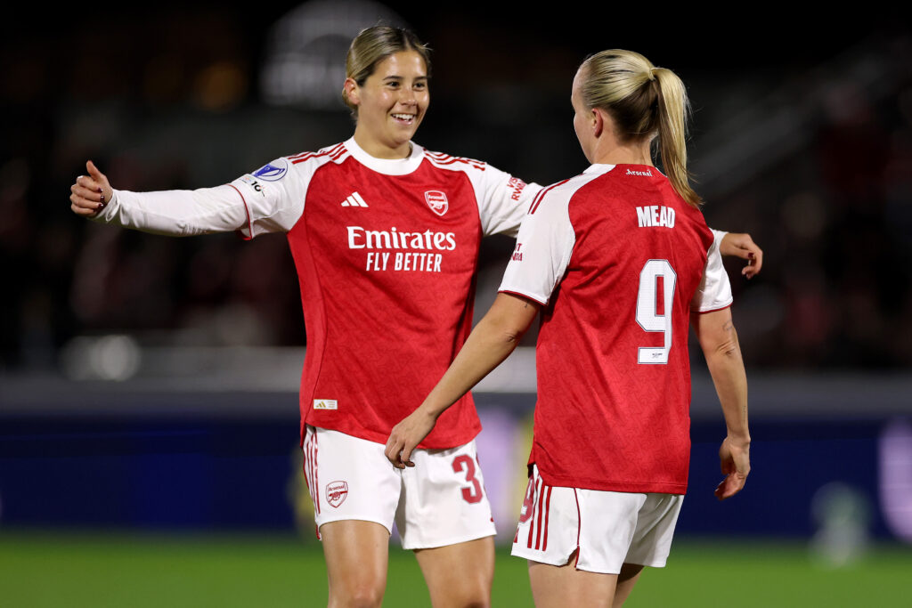 Arsenal women qualify for Champions League play-offs but injury problems mount 3 BOREHAMWOOD, ENGLAND - DECEMBER 09: Beth Mead of Arsenal celebrates scoring her team's first goal with teammate Kyra Cooney-Cross during the UEFA Women's Champions League 2025/26 league phase match between Arsenal FC and FC Twente at Meadow Park on December 09, 2025 in Borehamwood, England. (Photo by Warren Little/Getty Images)