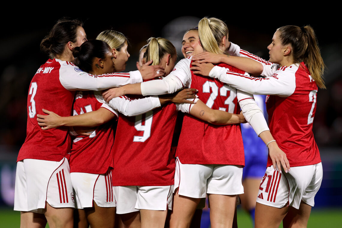 Arsenal women qualify for Champions League play-offs but injury problems mount 1 BOREHAMWOOD, ENGLAND - DECEMBER 09: Beth Mead of Arsenal celebrates scoring her team's first goal with teammates during the UEFA Women's Champions ...