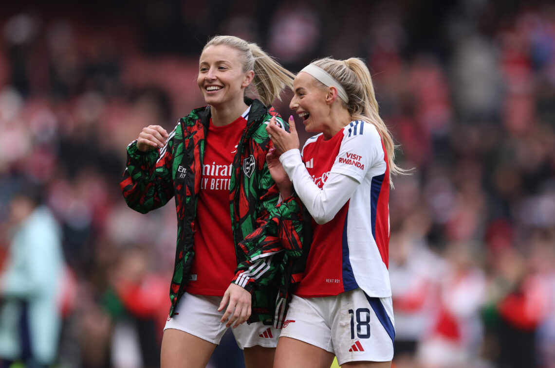 Arsenal women injury updates ahead of FIFA Women’s Champions Cup final 1 LONDON, ENGLAND - FEBRUARY 16: Leah Williamson and Chloe Kelly of Arsenal celebrate victory following the Barclays Women's Super League match betwe...
