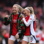 LONDON, ENGLAND - FEBRUARY 16: Leah Williamson and Chloe Kelly of Arsenal celebrate victory following the Barclays Women's Super League match between Arsenal FC and Tottenham Hotspur FC at Emirates Stadium on February 16, 2025 in London, England. (Photo by Richard Heathcote/Getty Images)
