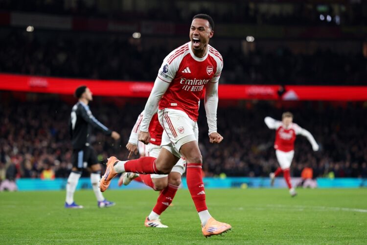 Gabriel of Arsenal celebrates scoring his team's first goal during the Premier League match between Arsenal and Aston Villa at Emirates Stadium on ...