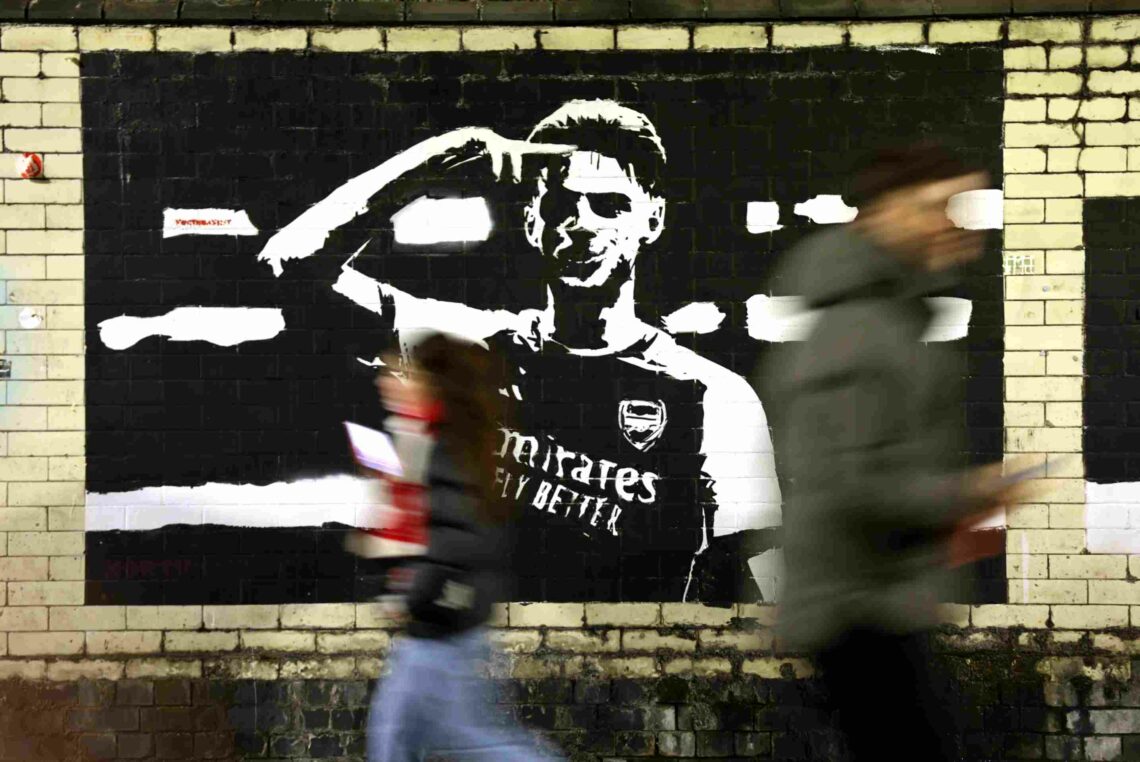 LONDON, ENGLAND - DECEMBER 03: A general view of a Declan Rice mural seen outside the stadium prior to the Premier League match between Arsenal and...