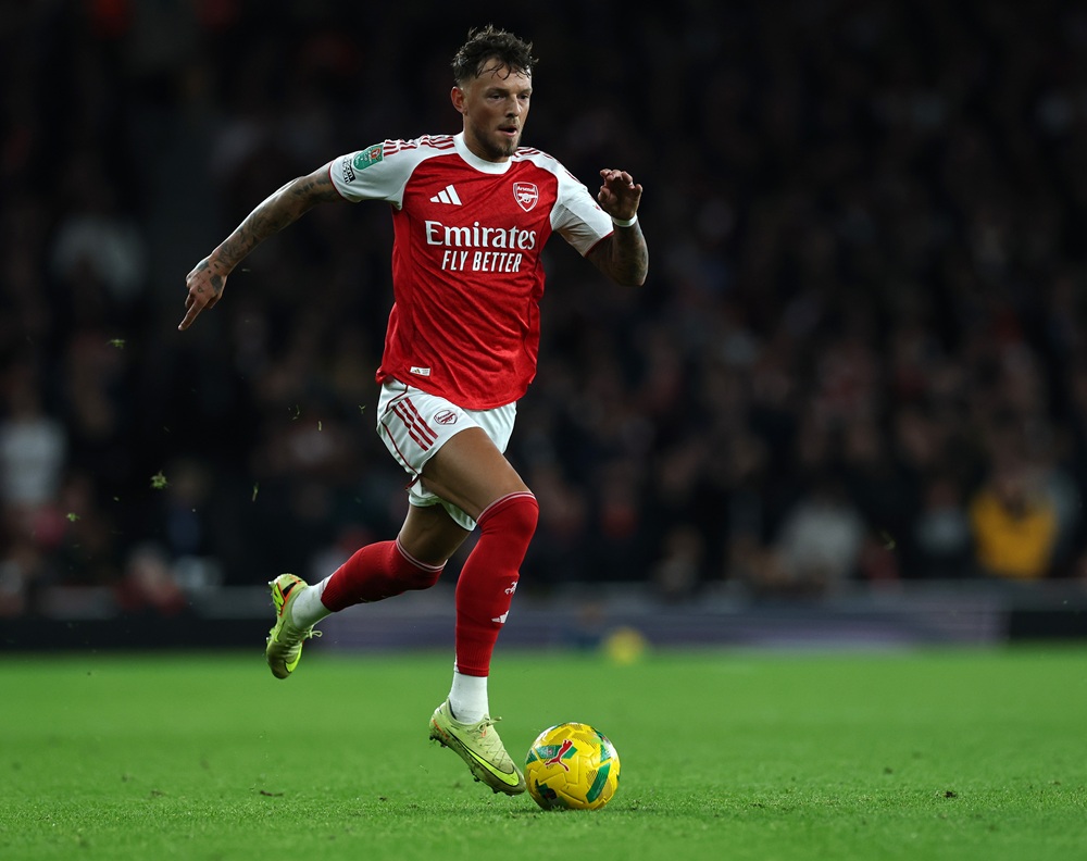 LONDON, ENGLAND: Ben White of Arsenal during the Carabao Cup Fourth Round match between Arsenal and Brighton & Hove Albion at Emirates Stadium on October 29, 2025. (Photo by Eddie Keogh/Getty Images)