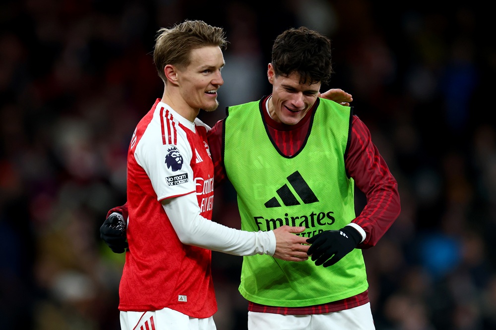 Martin Odegaard and Christian Norgaard of Arsenal interact after the Premier League match between Arsenal and Brighton & Hove Albion at the Emirates Stadium on December 27, 2025 in London, England. (Photo by Mark Thompson/Getty Images)
