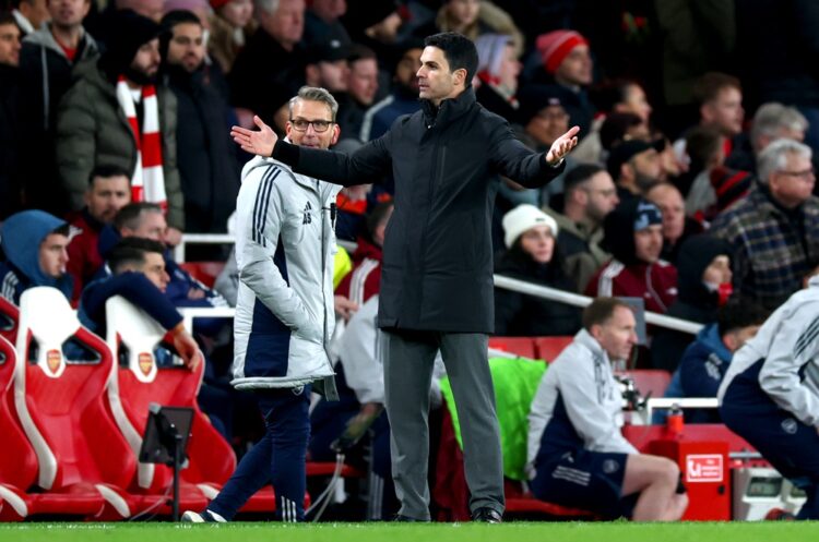 Mikel Arteta, Manager of Arsenal, gestures during the Premier League match between Arsenal and Brighton & Hove Albion at the Emirates Stadium on De...