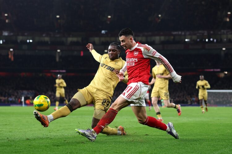 LONDON, ENGLAND: Gabriel Martinelli of Arsenal goes past Jaydee Canvot of Crystal Palace during the Carabao Cup Quarter Final match between Arsenal...