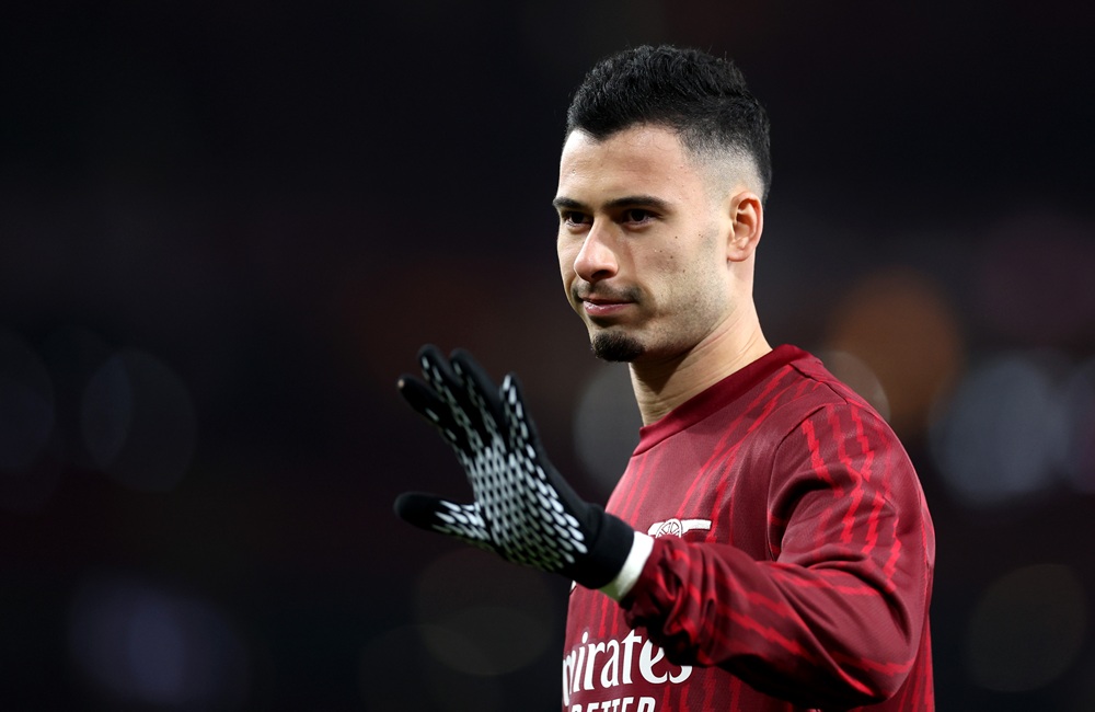LONDON, ENGLAND: Gabriel Martinelli of Arsenal waves as he warms up prior to the Carabao Cup Quarter Final match between Arsenal and Crystal Palace...
