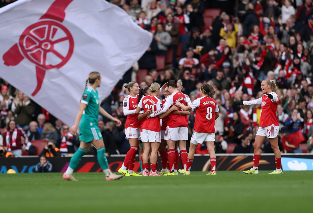 LONDON, ENGLAND - DECEMBER 06: Olivia Smith of Arsenal celebrates scoring her team's first goal with teammates during the Barclays Women's Super League match between Arsenal and Liverpool at Emirates Stadium on December 06, 2025 in London, England. (Photo by Alex Davidson/Getty Images)