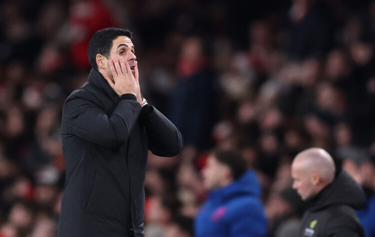 LONDON, ENGLAND - DECEMBER 13: Coach Mikel Arteta of Arsenal reacts during the Premier League match between Arsenal and Wolverhampton Wanderers at ...