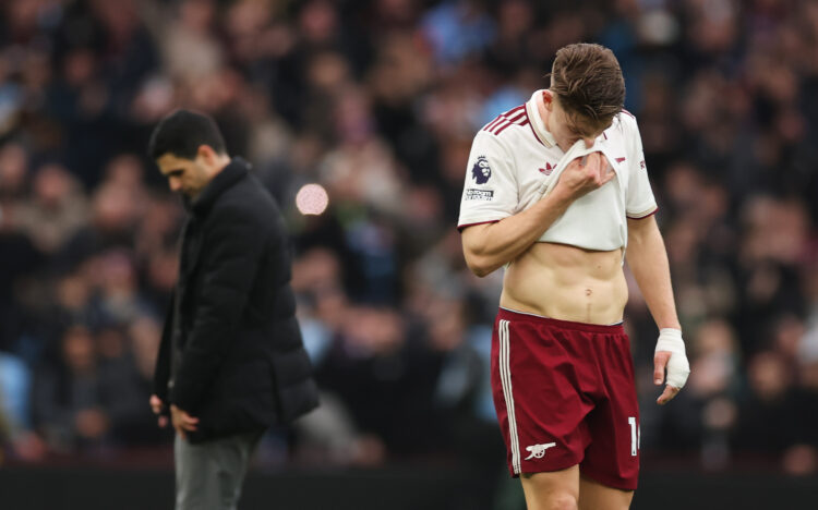 BIRMINGHAM, ENGLAND - DECEMBER 06: Viktor Gyoekeres of Arsenal looks dejected alongside Mikel Arteta, Manager of Arsenal, after defeat in the Premi...