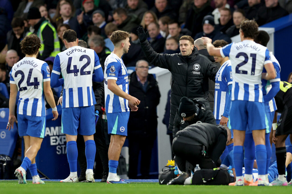 BRIGHTON, ENGLAND - DECEMBER 20: Fabian Huerzeler, Manager of Brighton & Hove Albion, interacts with his players during a break in play during the Premier League match between Brighton & Hove Albion and Sunderland at Amex Stadium on December 20, 2025 in Brighton, England. (Photo by Steve Bardens/Getty Images)