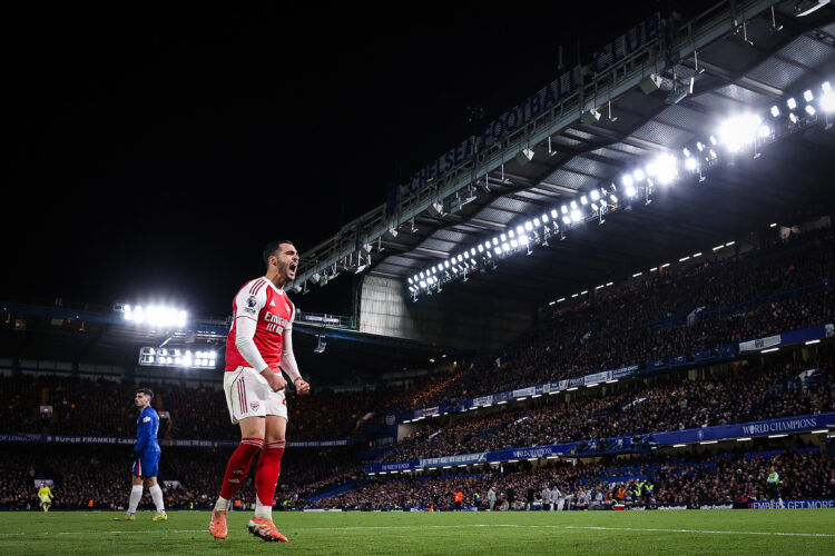 LONDON, ENGLAND - NOVEMBER 30: Mikel Merino of Arsenal celebrates after scoring his teams first goal during the Premier League match between Chelse...
