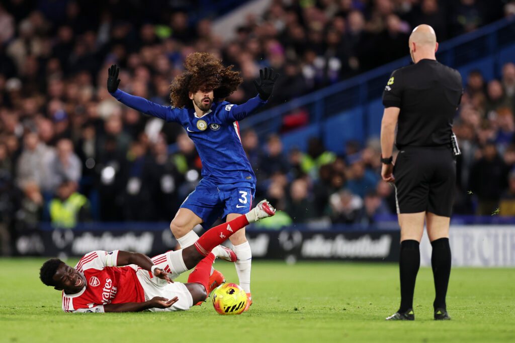 A bridge too far for Arsenal at Chelsea? 3 LONDON, ENGLAND - NOVEMBER 30: Marc Cucurella of Chelsea appeals to Referee Anthony Taylor after colliding with Bukayo Saka of Arsenal during the Premier League match between Chelsea and Arsenal at Stamford Bridge on November 30, 2025 in London, England. (Photo by Ryan Pierse/Getty Images)
