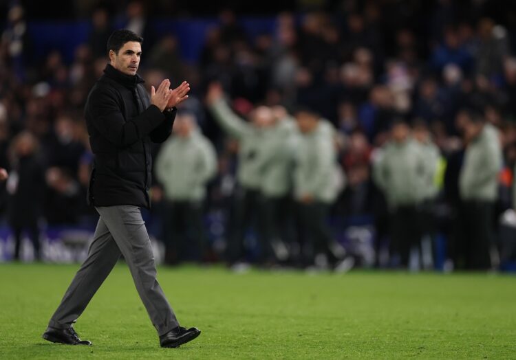 LONDON, ENGLAND: Mikel Arteta, Manager of Arsenal reacts following the Premier League match between Chelsea and Arsenal at Stamford Bridge on Novem...