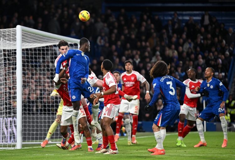 LONDON, ENGLAND: Trevoh Chalobah of Chelsea scores his team's first goal during the Premier League match between Chelsea and Arsenal at Stamford Br...