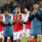 BRUGES, BELGIUM: Gabriel Jesus and Ben White of Arsenal applaud the fans after the UEFA Champions League 2025/26 League Phase MD6 match between Club Brugge KV and Arsenal FC at Jan Breydelstadion on December 10, 2025. (Photo by Dean Mouhtaropoulos/Getty Images)