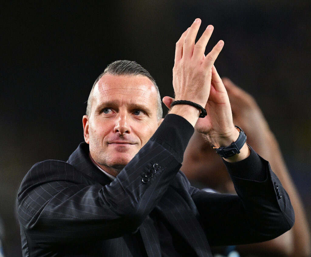BRUGES, BELGIUM - NOVEMBER 05: Nicky Hayen, Head Coach of Club Brugge, acknowledges the fans after the teams draw in the UEFA Champions League 2025/26 League Phase MD4 match between Club Brugge KV and FC Barcelona at Jan Breydelstadion on November 05, 2025 in Bruges, Belgium. (Photo by Stuart Franklin/Getty Images)