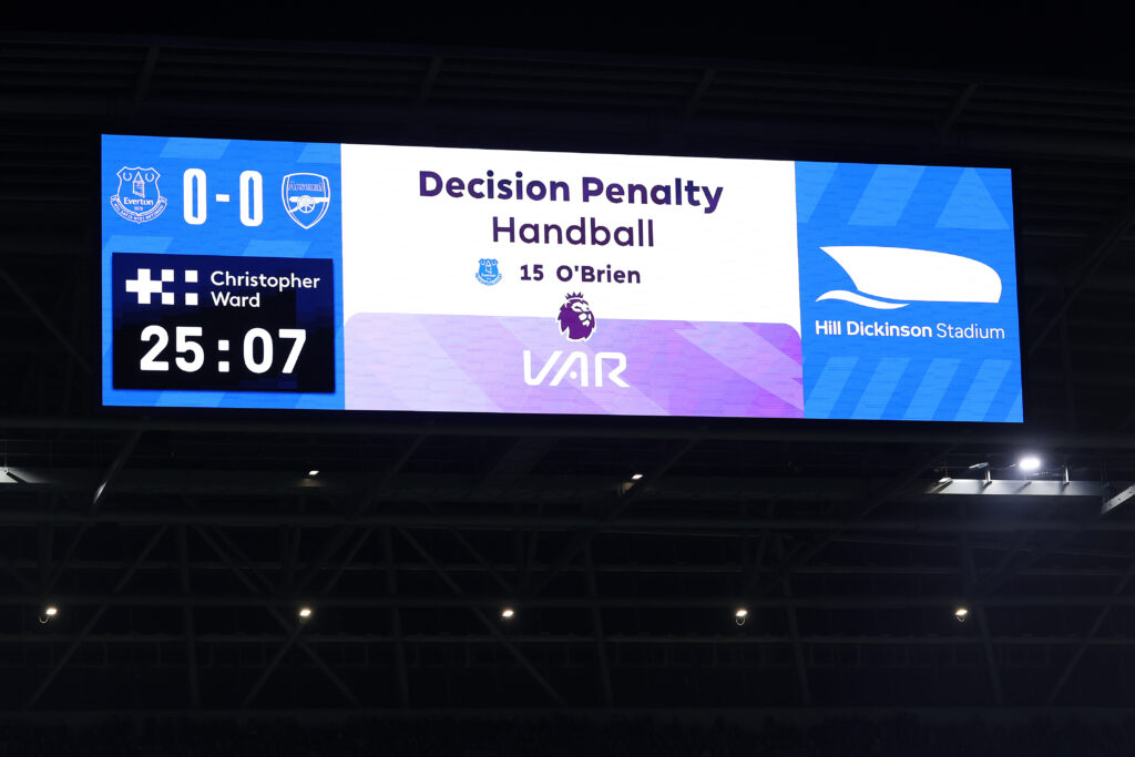 LIVERPOOL, ENGLAND - DECEMBER 20: The LED board shows the VAR decision resulting in a handball and penalty awarded to Arsenal during the Premier League match between Everton and Arsenal at Hill Dickinson Stadium on December 20, 2025 in Liverpool, England. (Photo by Alex Livesey/Getty Images)