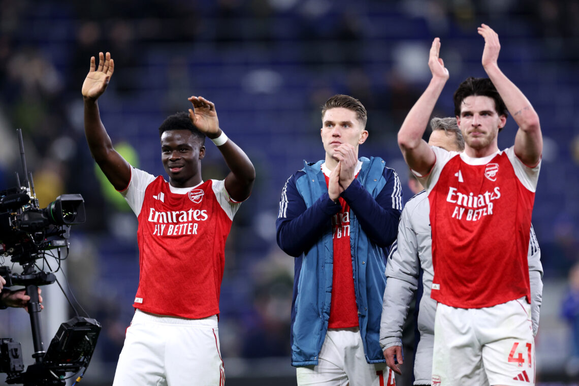LIVERPOOL, ENGLAND - DECEMBER 20: (L-R) Bukayo Saka, Viktor Gyoekeres and Declan Rice of Arsenal celebrates victory following the Premier League ma...