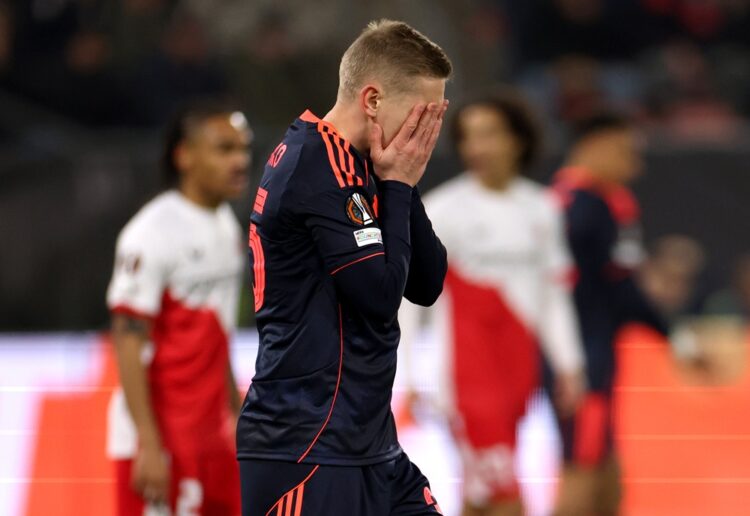 UTRECHT, NETHERLANDS: Oleksandr Zinchenko of Nottingham Forest reacts after a missed chance during the UEFA Europa League 2025/26 League Phase MD6 ...