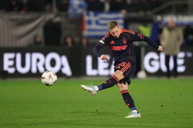 UTRECHT, NETHERLANDS: Oleksandr Zinchenko of Nottingham Forest shoots during the UEFA Europa League 2025/26 League Phase MD6 match between FC Utrec...