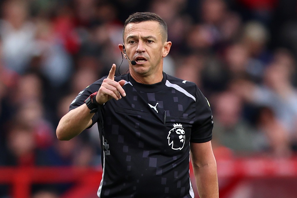 NOTTINGHAM, ENGLAND: Match Referee Tony Harrington reacts during the Premier League match between Nottingham Forest and Sunderland at City Ground on September 27, 2025. (Photo by Cameron Smith/Getty Images)
