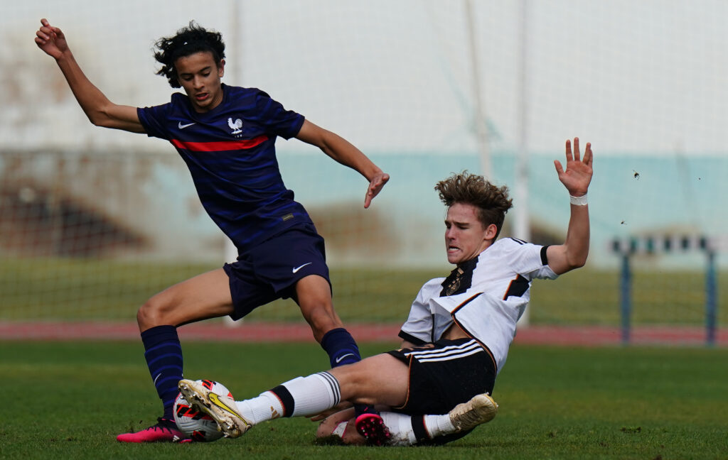 Arsenal pushing to sign Ayyoub Bouaddi in January 3 VILA REAL DE SANTO ANTONIO, PORTUGAL - FEBRUARY 08: Ben Weber of Germany with Ayyoub Bouaddi of France in action during the International Friendly match between U16 France and U16 Germany at Estadio Municipal de VRSA on February 8, 2023 in Vila Real de Santo Antonio, Portugal. (Photo by Gualter Fatia/Getty Images for DBF)