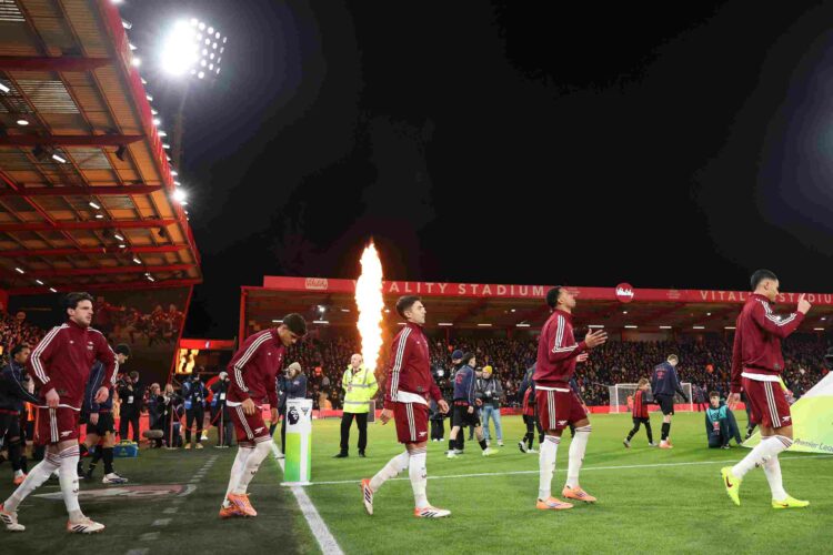 The Arsenal players head out onto the pitch ahead of the Premier League match between Bournemouth and Arsenal at Vitality Stadium on January 03, 20...