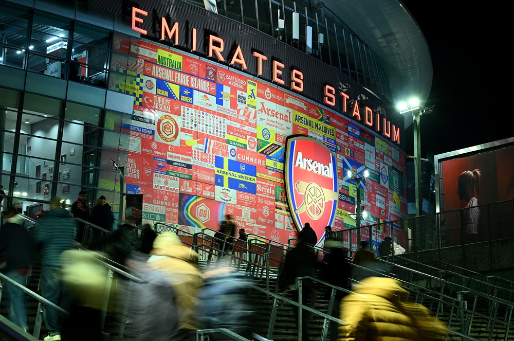 A general view of the outside of the stadium prior to the UEFA Champions League 2025/26 League Phase MD8 match between Arsenal FC and FC Kairat Almaty at Arsenal Stadium on January 28, 2026 in London, England. (Photo by Clive Mason/Getty Images)